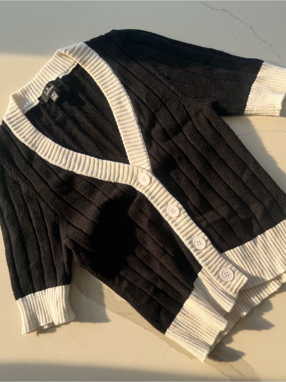 Lulus Posh Vibes Black and Ivory Short Sleeve Cardigan Sweater Top